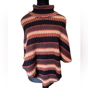 KLD Vintage 90s Earthy Boho Western Hippie Turtleneck Wavy Knit Fall Poncho Top